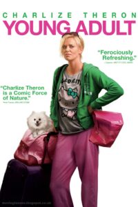 Charlize Theron in Young Adult - Movie Poster looking rough with a dog in a bag