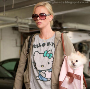 Charlize Theron in Young Adult looking rough with a dog in a bag, but wearing Dior Sunglasses so its all good