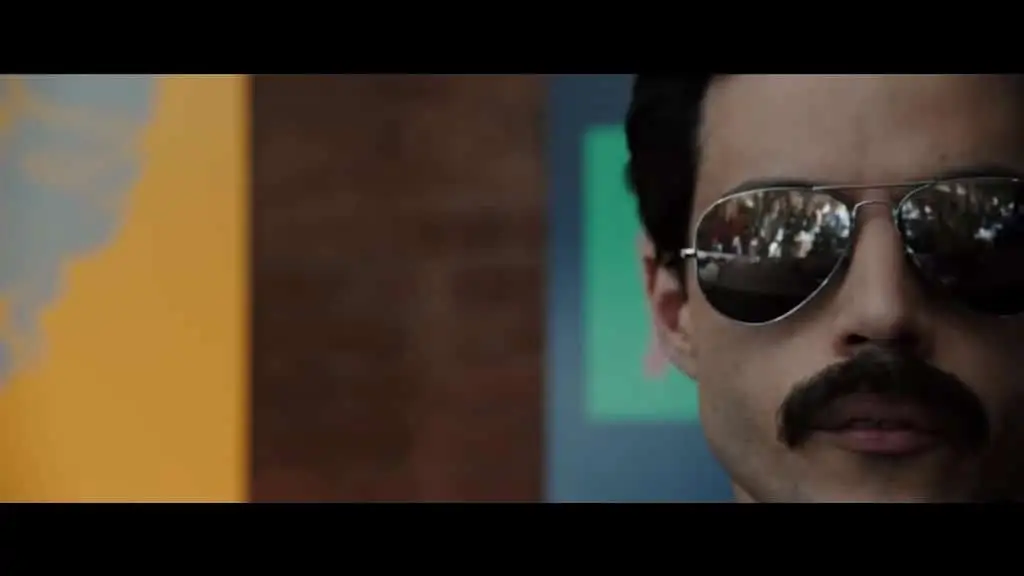 Rami Malek as Freddie Mercury in Bohemian Rhapsody wearing Aviator Sunglasses