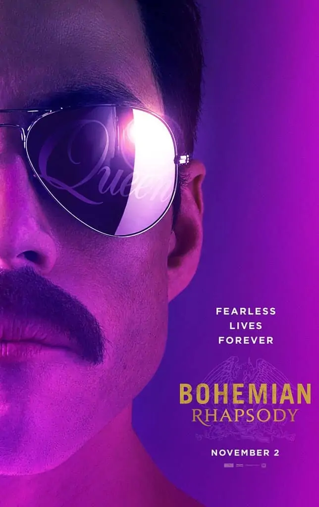 Movie poster for the queen biopic Bohemian Rhapsody with Rami Malek as Freddie Mercury wearing sunglasses