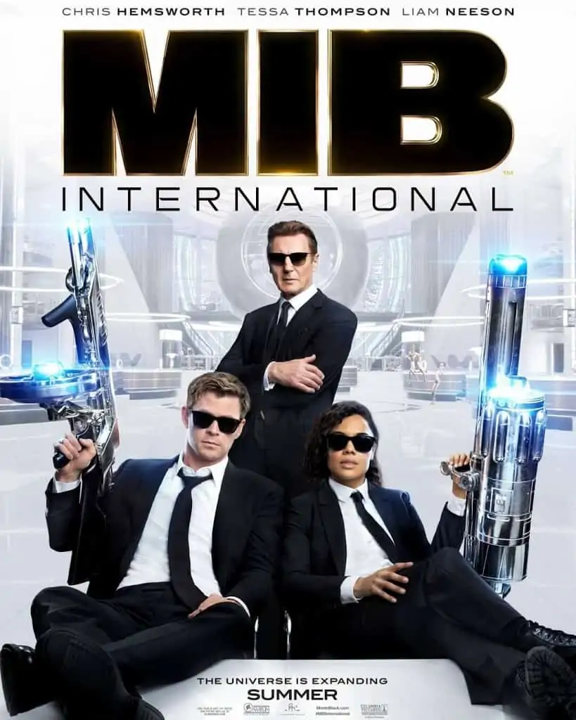 Men in Black International movie poster with  Chris Hemsworth, Tessa Thompson, Liam Neeson all Wearing Police Sunglasses