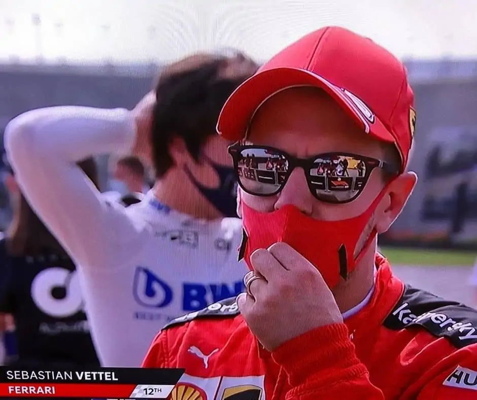 Sebastian Vettel wearing Ray-Ban Ferrari Sunglasses and face mask in 2020 - Front