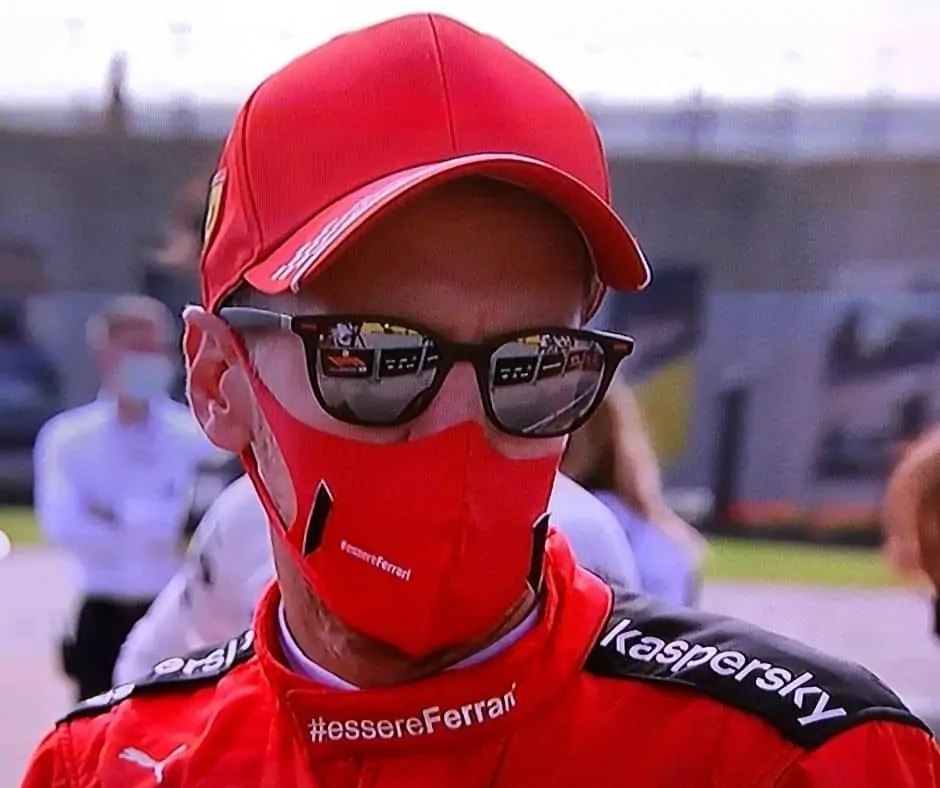 Sebastian Vettel wearing Ray-Ban Ferrari Sunglasses in 2020 - Front Looking Down