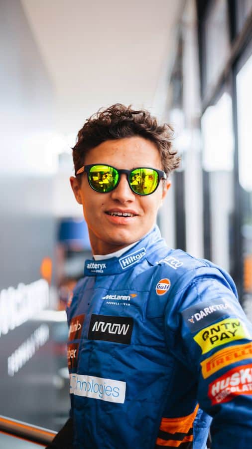 F1 driver Lando Norris wears SunGod McLaren Formula 1 Team Edition Sunglasses - Model Lando LN4 Sierras