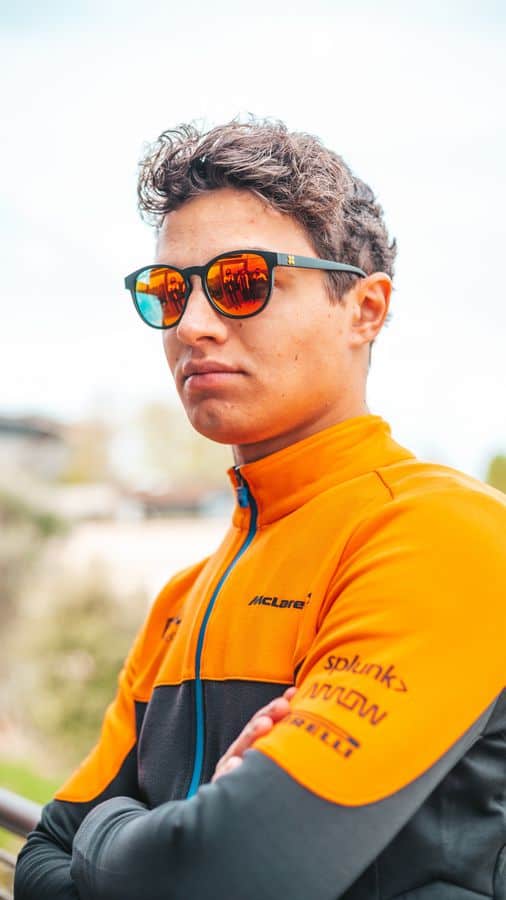 Lando Norris wearing SunGod McLaren Formula 1 Team Edition Sunglasses - Sierras